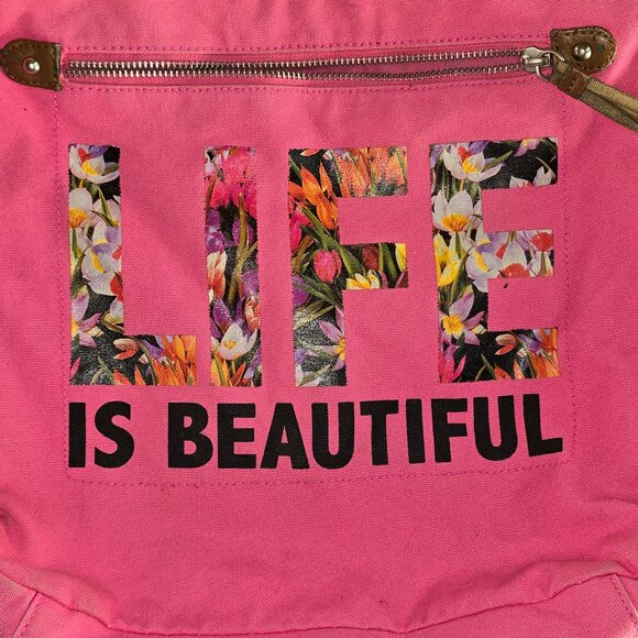 Aeropostale "Life is Beautiful" Pink Cross Body Canvas Tote Adjustable Strap - Picture 2 of 6